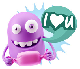 3d Rendering. Candy Gift Emoticon Face saying I Love U with Colo