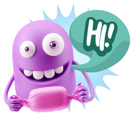 3d Rendering. Candy Gift Emoticon Face saying Hi with Colorful S