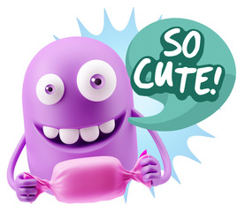 3d Rendering. Candy Gift Emoticon Face saying So Cute with Color
