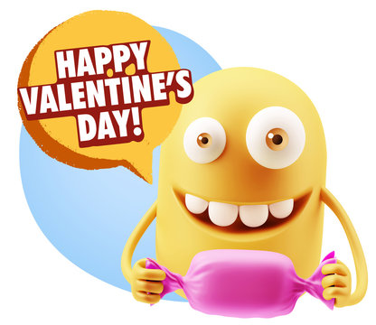 3d Rendering. Candy Gift Emoticon Face saying Happy Valentine's