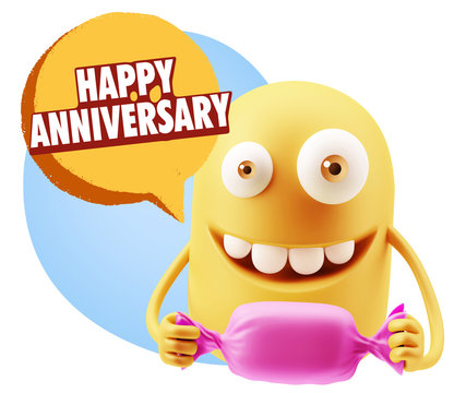 3d Rendering. Candy Gift Emoticon Face saying Happy Anniversary