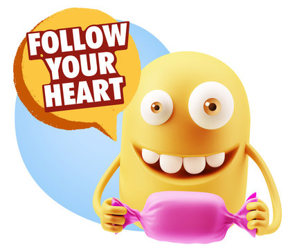 3d Rendering. Candy Gift Emoticon Face saying Follow Your Heart