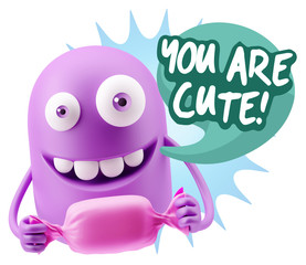 3d Rendering. Candy Gift Emoticon Face saying You Are Cute with