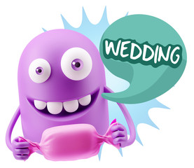 3d Rendering. Candy Gift Emoticon Face saying Wedding with Color