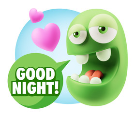 3d Rendering. Emoticon Face in Love saying Good Night with Color