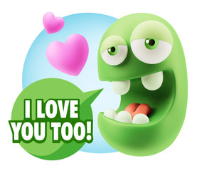 3d Rendering. Emoticon Face in Love saying I Love You Too with C