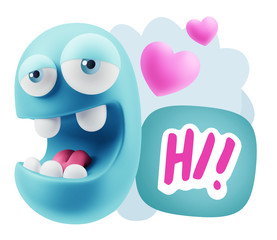 3d Rendering. Emoticon Face in Love saying Hi with Colorful Spee