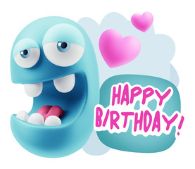 3d Rendering. Emoticon Face in Love saying Happy Birthday with C