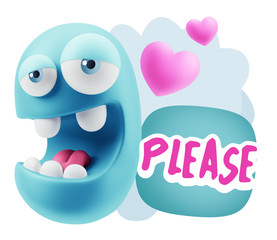 3d Rendering. Emoticon Face in Love saying Please with Colorful