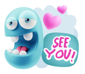 3d Rendering. Emoticon Face in Love saying See You with Colorful