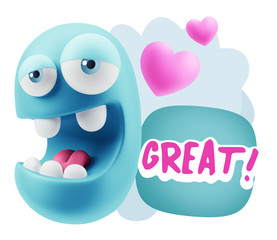 3d Rendering. Emoticon Face in Love saying Great with Colorful S