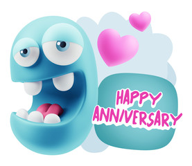 3d Rendering. Emoticon Face in Love saying Happy Anniversary wit