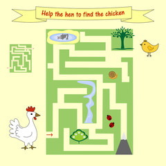 Kids homework How help a hen to find the chicken. Preschool education.