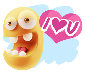 3d Rendering. Emoticon Face in Love saying I Love U with Colorfu