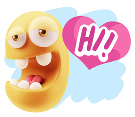 3d Rendering. Emoticon Face in Love saying Hi with Colorful Spee