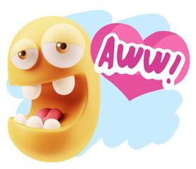 3d Rendering. Emoticon Face in Love saying Awww with Colorful Sp