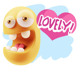 3d Rendering. Emoticon Face in Love saying Lovely with Colorful