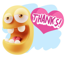 3d Rendering. Emoticon Face in Love saying Thanks with Colorful