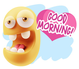 3d Rendering. Emoticon Face in Love saying Good Morning with Col