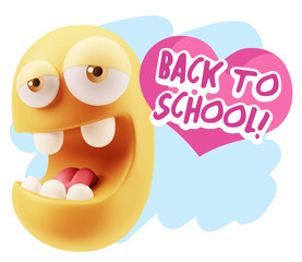 3d Rendering. Emoticon Face in Love saying Back To School with C