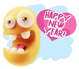 3d Rendering. Emoticon Face in Love saying Happy New Year with C