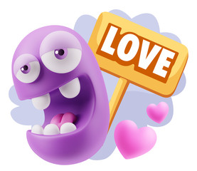 3d Rendering. Emoticon Face in Love saying Love with Colorful Sp