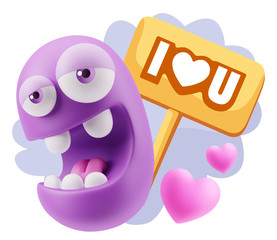 3d Rendering. Emoticon Face in Love saying I Love U with Colorfu