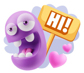 3d Rendering. Emoticon Face in Love saying Hi with Colorful Spee