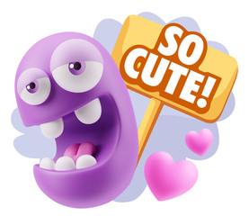 3d Rendering. Emoticon Face in Love saying So Cute with Colorful