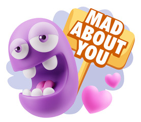 3d Rendering. Emoticon Face in Love saying Mad About You with Co