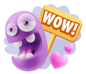 3d Rendering. Emoticon Face in Love saying Wow with Colorful Spe