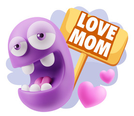 3d Rendering. Emoticon Face in Love saying Love Mom with Colorfu