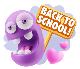 3d Rendering. Emoticon Face in Love saying Back To School with C