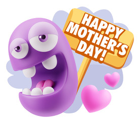 3d Rendering. Emoticon Face in Love saying Happy Mother's Day wi