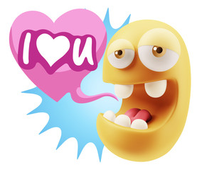 3d Rendering. Emoticon Face in Love saying I Love U with Colorfu