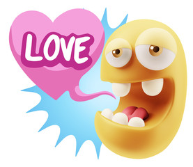 3d Rendering. Emoticon Face in Love saying Love with Colorful Sp