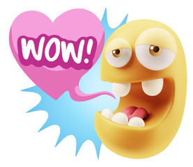 3d Rendering. Emoticon Face in Love saying Wow with Colorful Spe