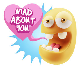 3d Rendering. Emoticon Face in Love saying Mad About You with Co