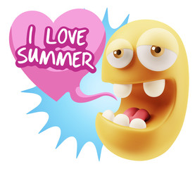 3d Rendering. Emoticon Face in Love saying I Love Summer with Co