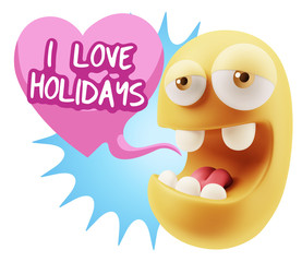 3d Rendering. Emoticon Face in Love saying I Love Holidays with