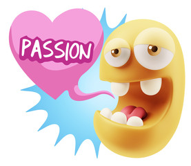 3d Rendering. Emoticon Face in Love saying Passion with Colorful