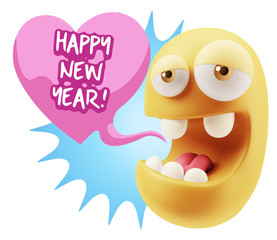 3d Rendering. Emoticon Face in Love saying Happy New Year with C