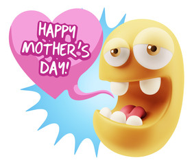 3d Rendering. Emoticon Face in Love saying Happy Mother's Day wi