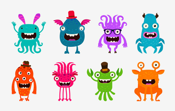 Cute cartoon monsters. Alien or ghost set of icons. Vector illustration