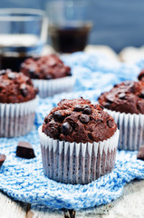 chocolate chips, chocolate muffin and coffee