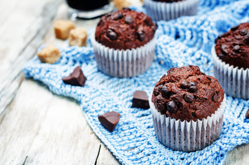 chocolate chips, chocolate muffin and coffee