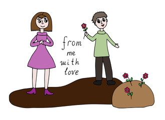 Cartoon man present flowers to woman with text From me with love