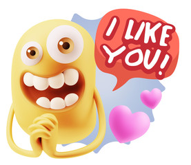 3d Rendering. Love Emoticon Face saying I Like You with Colorful