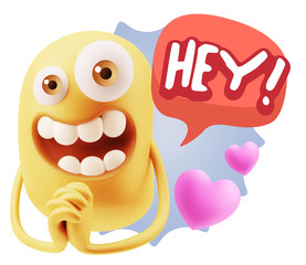 3d Rendering. Love Emoticon Face saying Hey with Colorful Speech