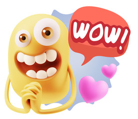 3d Rendering. Love Emoticon Face saying Wow with Colorful Speech